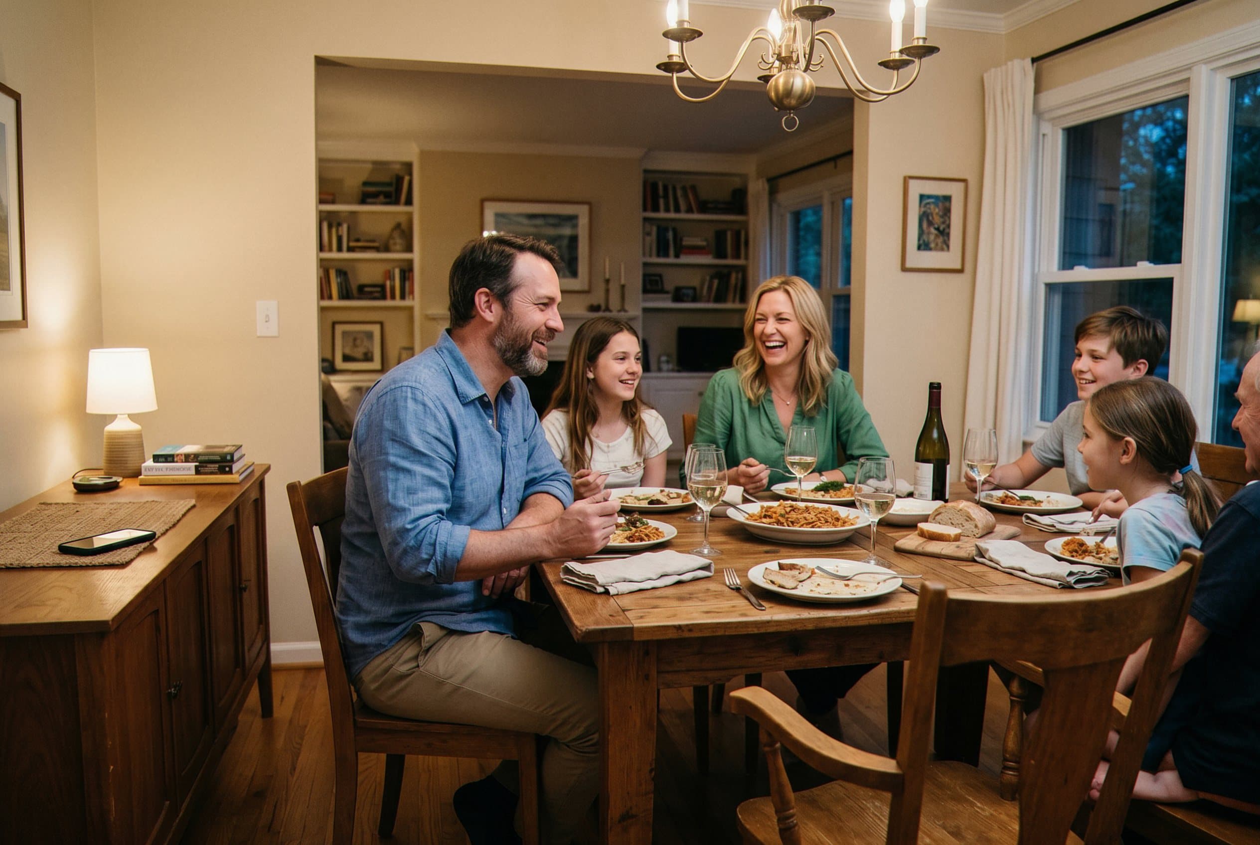 Business owner dining with family evening.