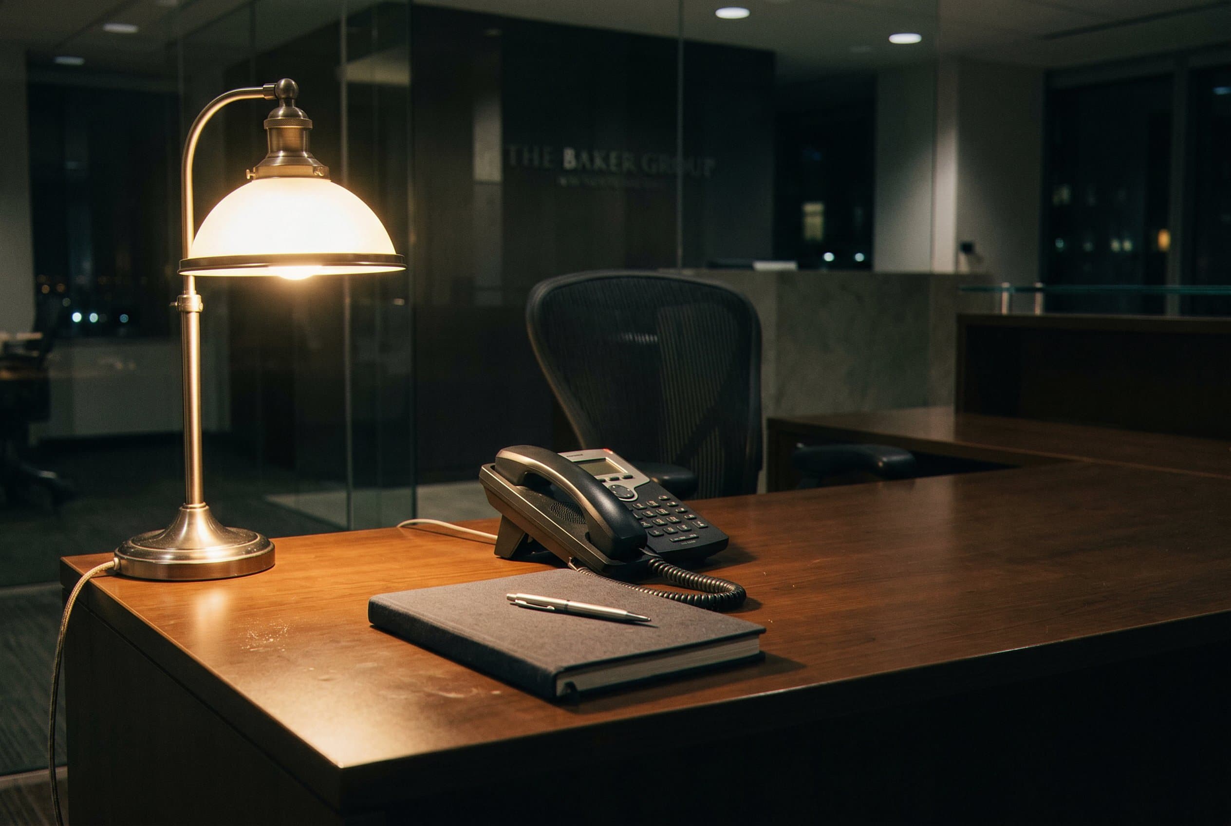 Staff member working at desk evening.