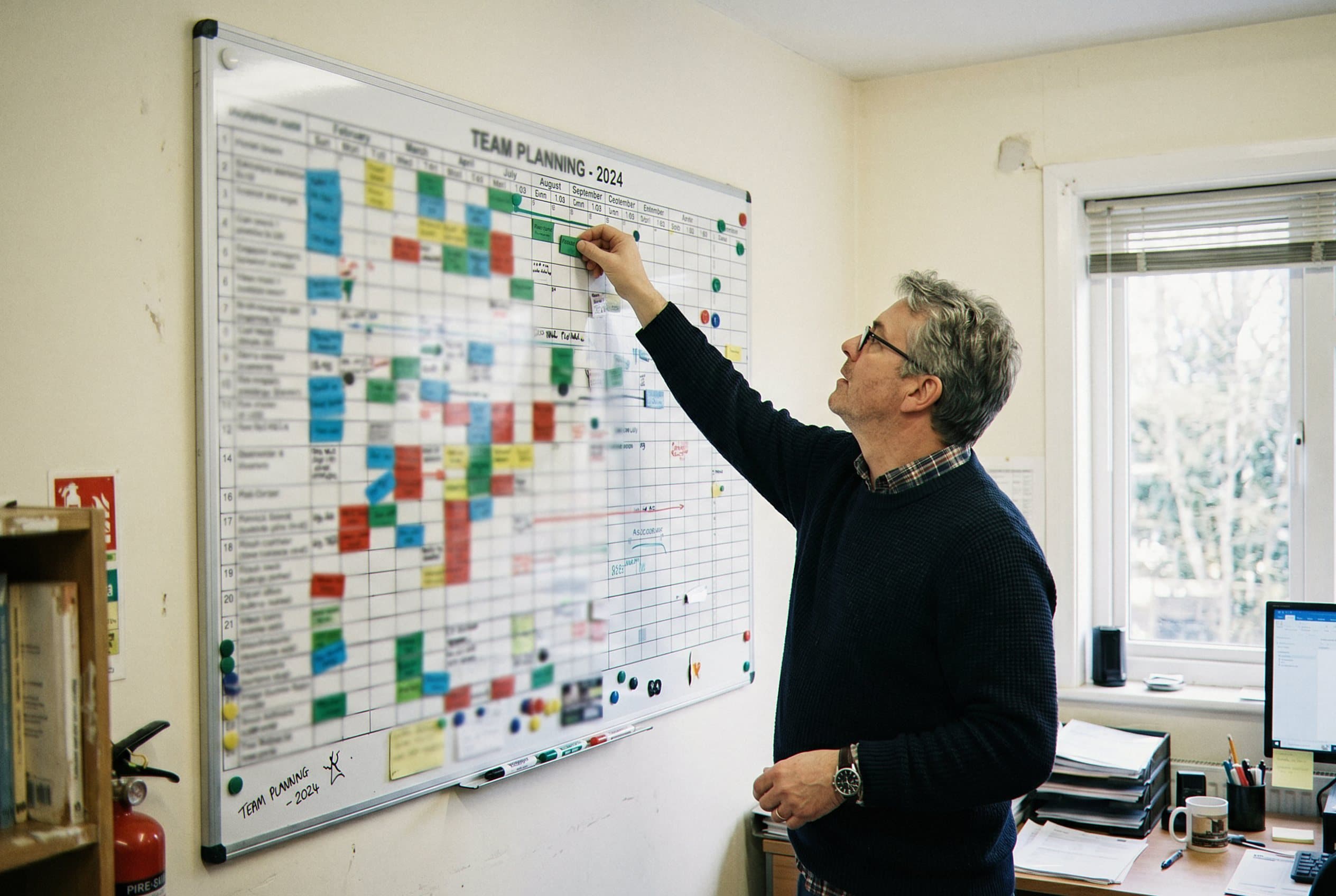Wall calendar with color-coded dates.