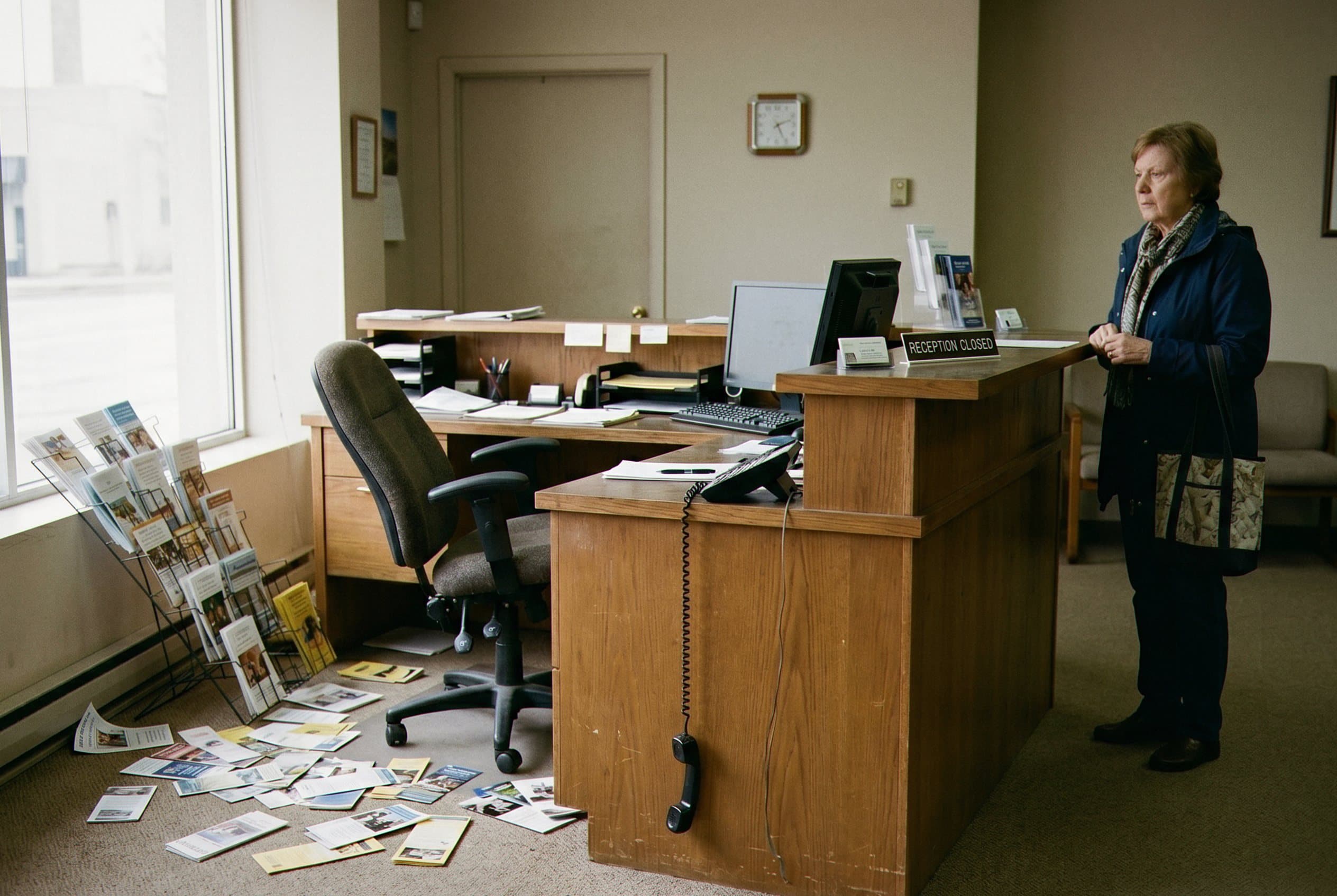 Empty front desk with no staff.