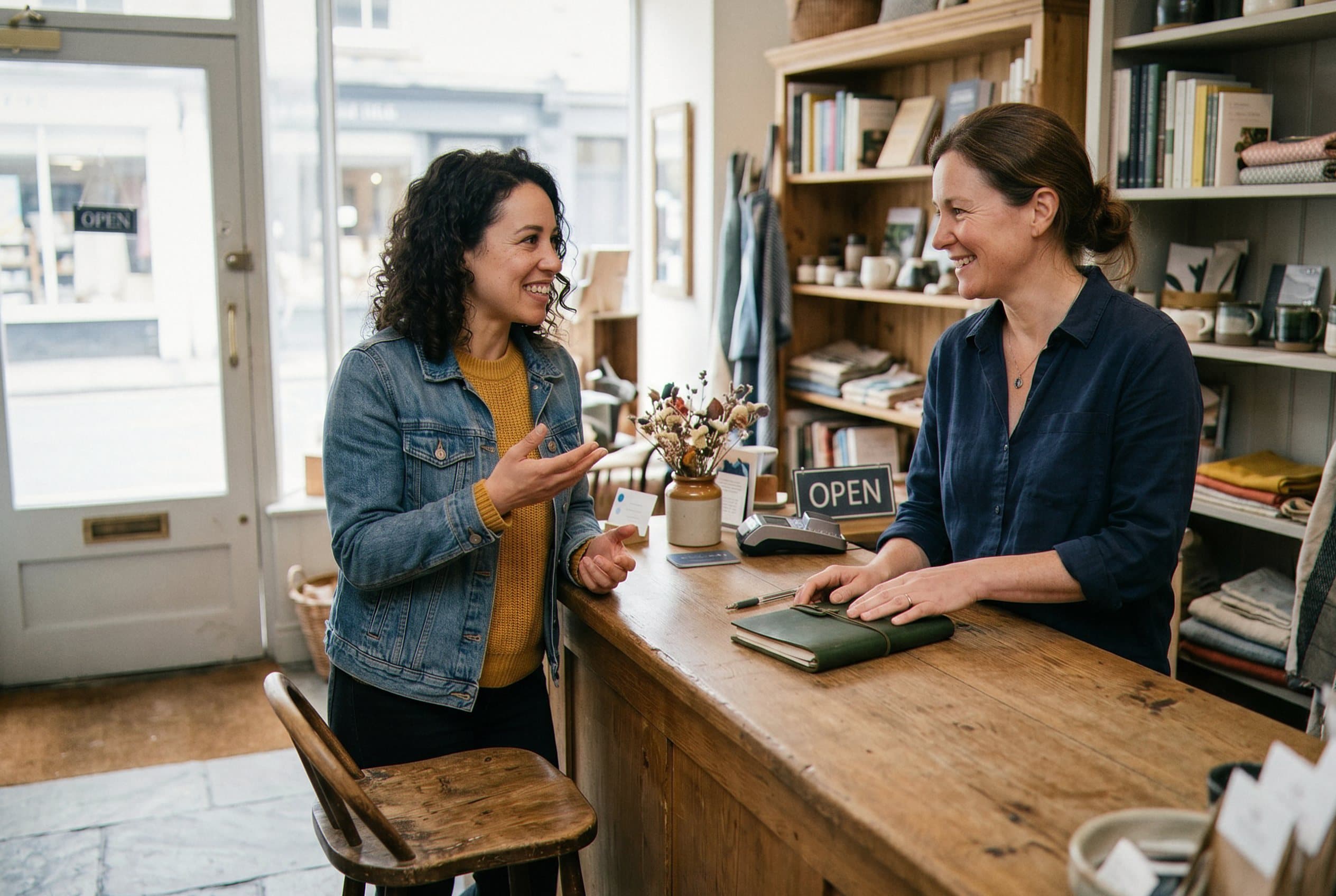 Diverse receptionist helping customer at counter.