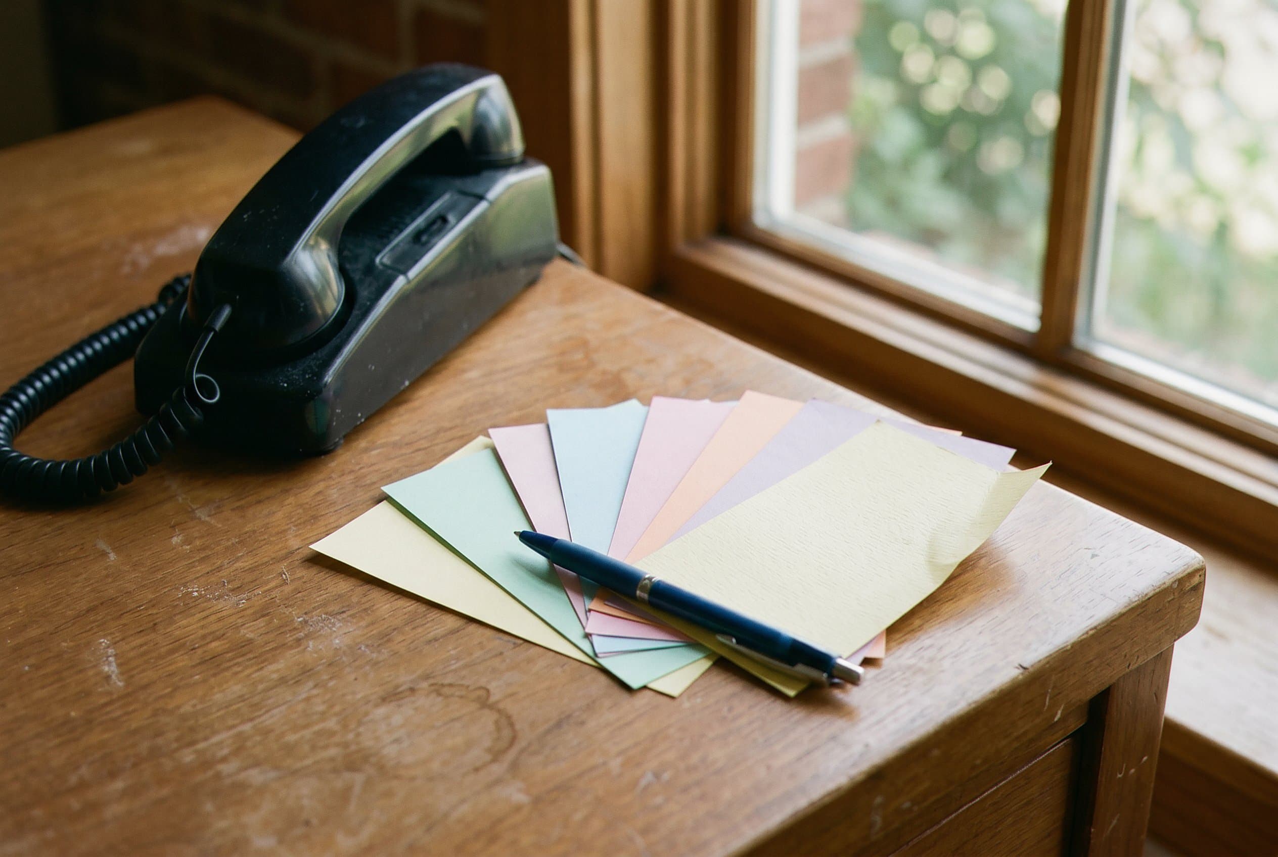 Message slips stacked neatly on desk.