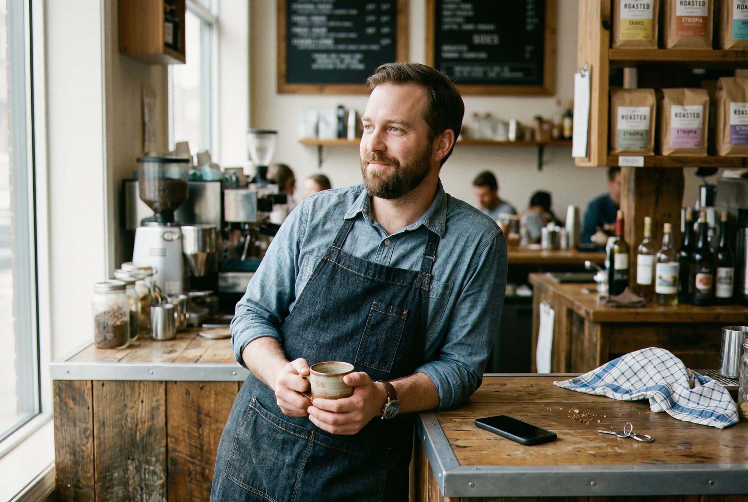 Business owner taking peaceful coffee break.